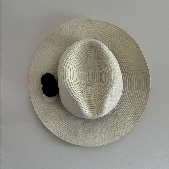 Saks Fifth Avenue Straw Hat with black and white pompoms and embroidered design - Picture 2 of 4